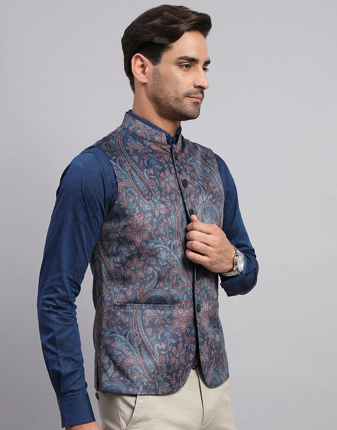 Men Multicolor Floral Print Band Collar Sleeveless Nehru Jacket - Image 4