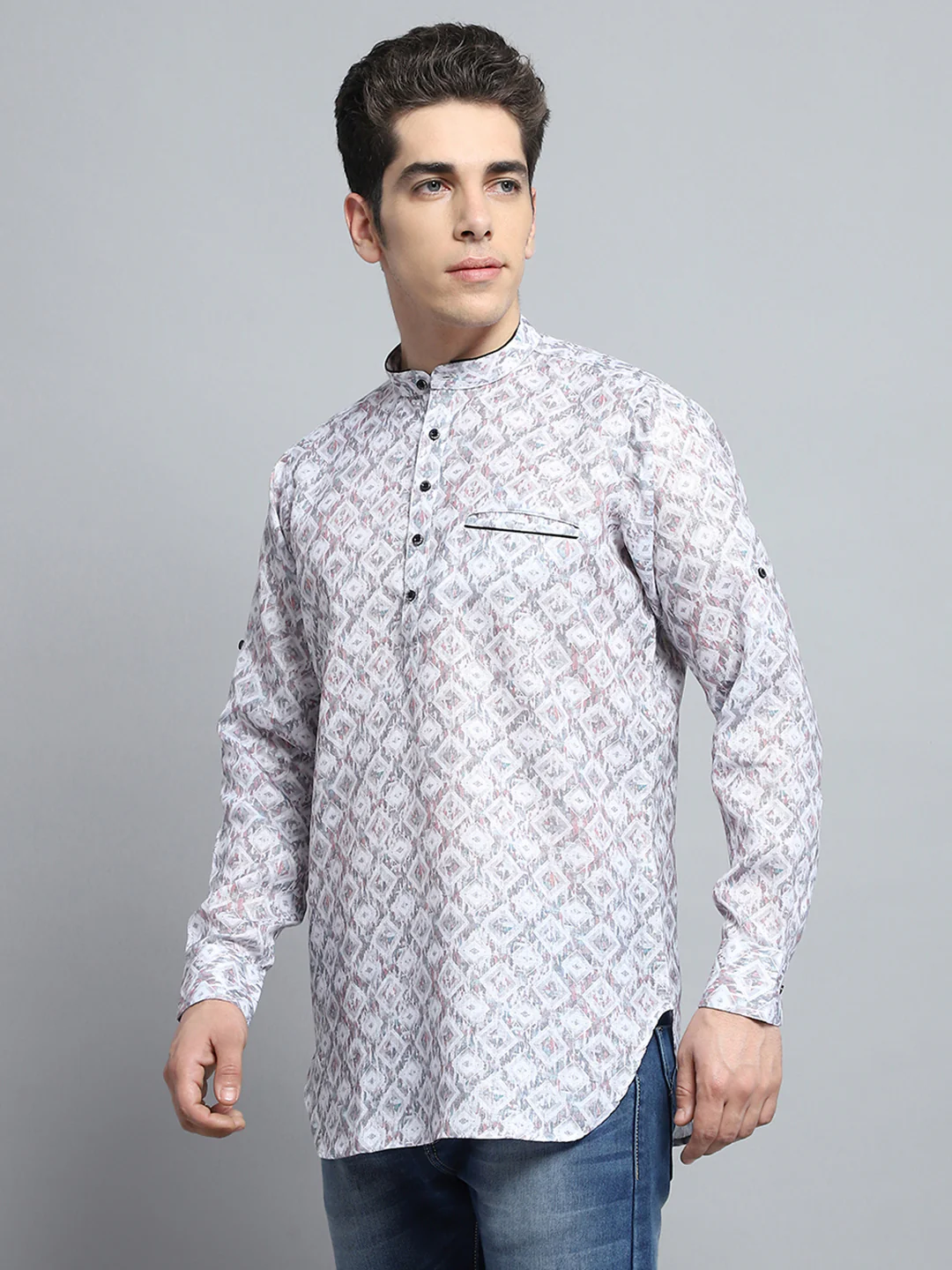 Men Multicolor Printed Band Collar Full Sleeve Kurta - Image 3