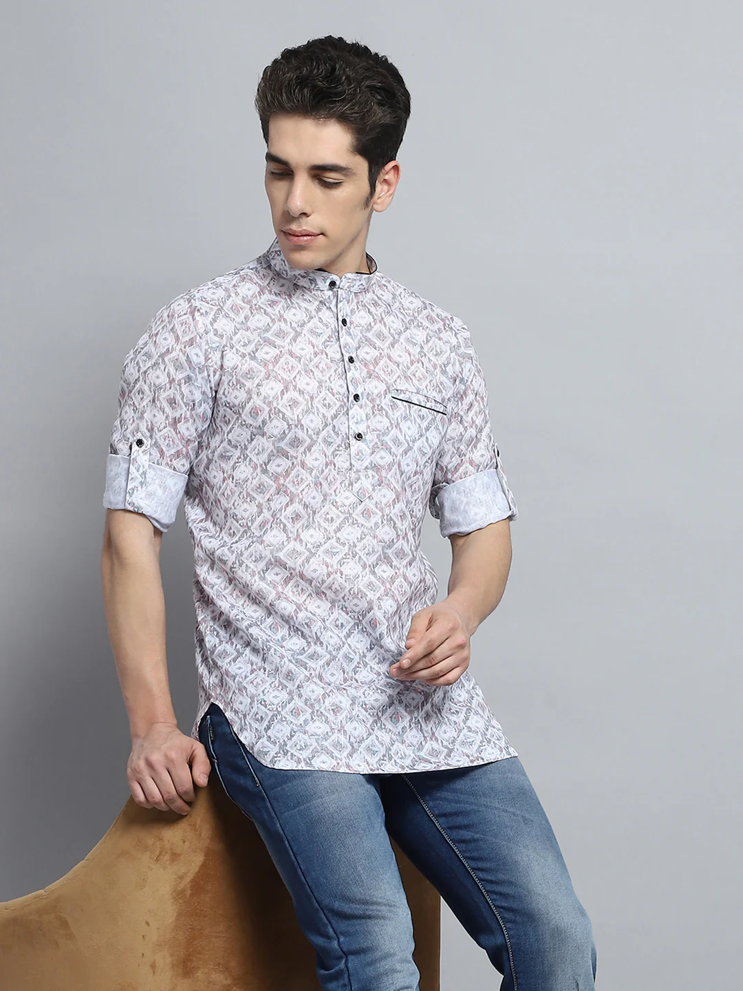 Men Multicolor Printed Band Collar Full Sleeve Kurta - Image 6