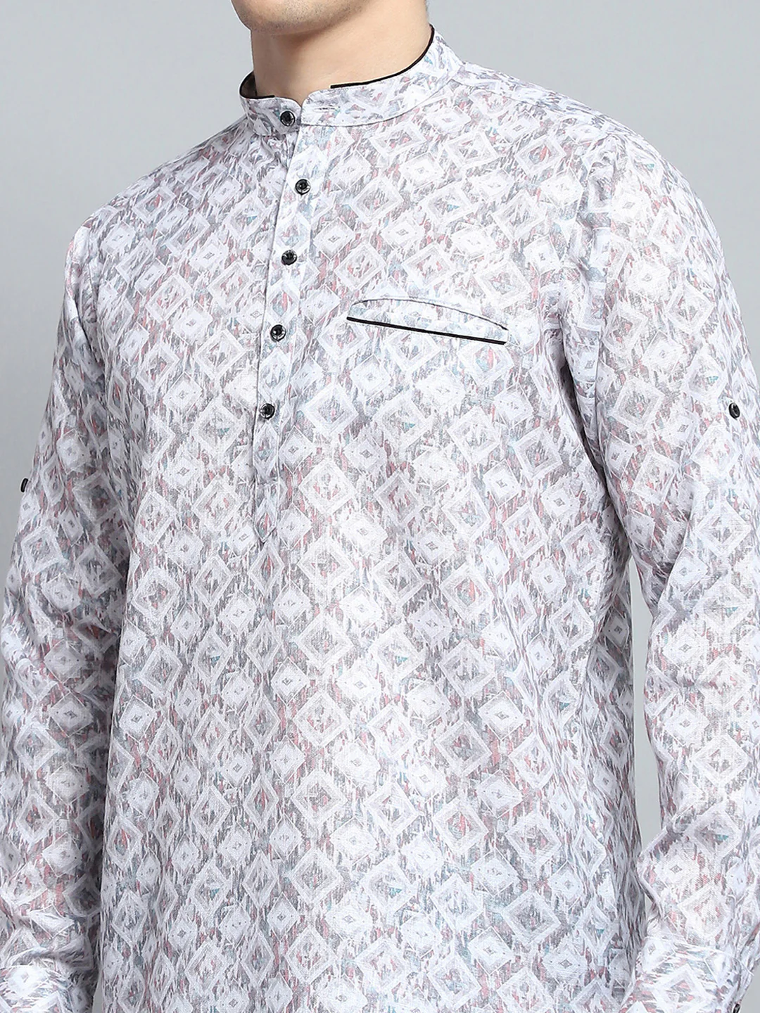 Men Multicolor Printed Band Collar Full Sleeve Kurta - Image 7