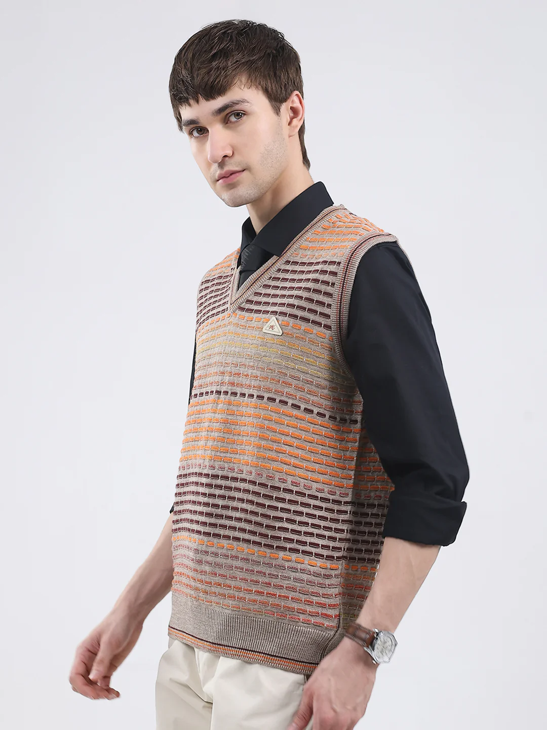 Men Multicolor Self Design V Neck Sleeveless Sweater - Image 3