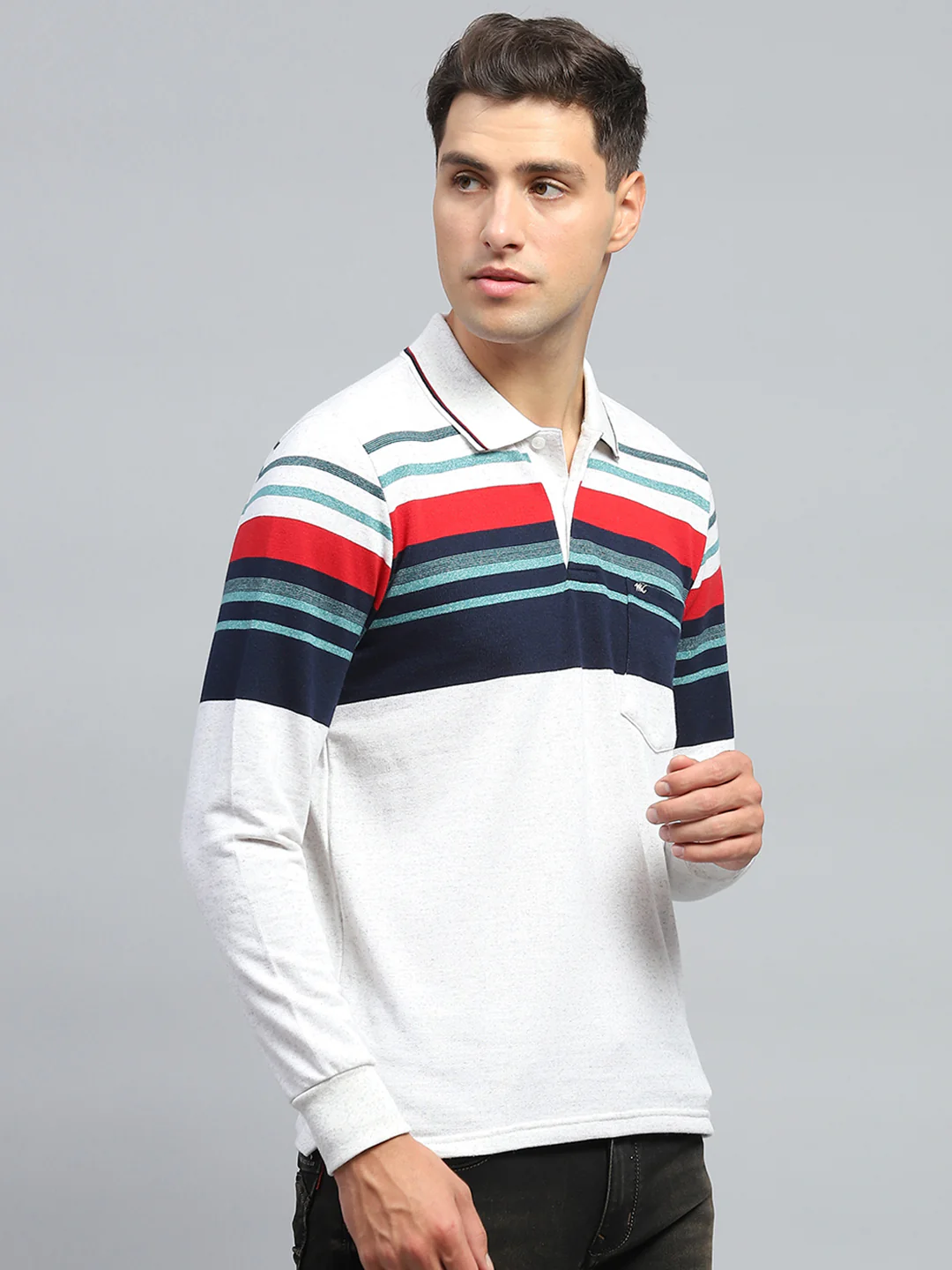 Men Multicolor Stripe Collar Full Sleeve Winter T-Shirt - Image 4