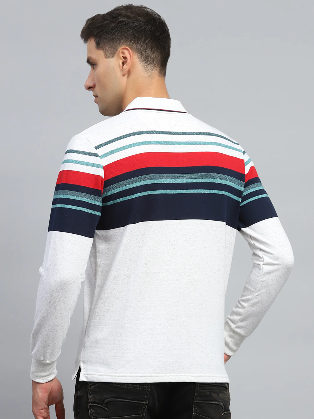 Men Multicolor Stripe Collar Full Sleeve Winter T-Shirt - Image 5