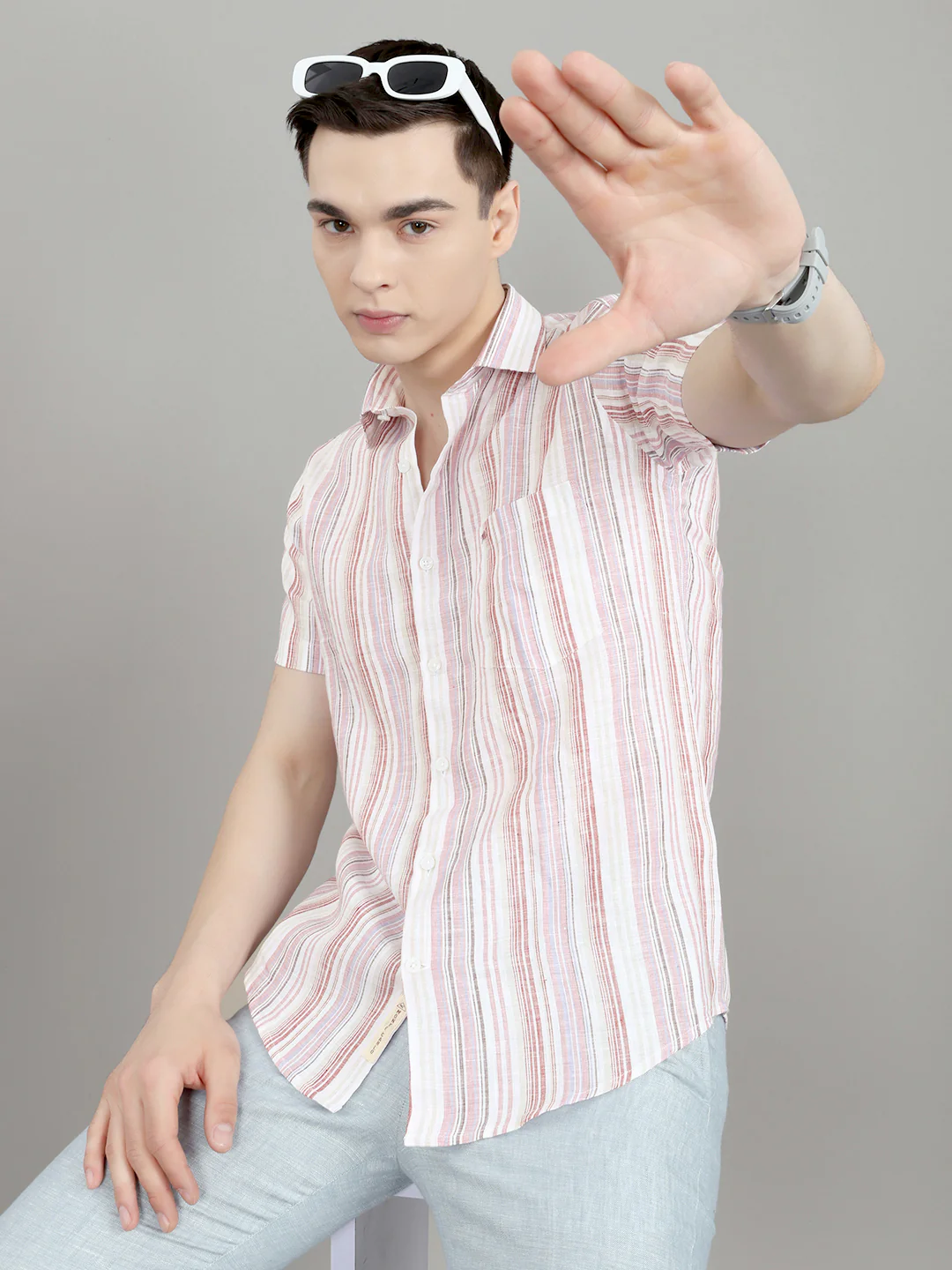 Men Multicolor Stripe Collar Half Sleeve Shirt - Image 6