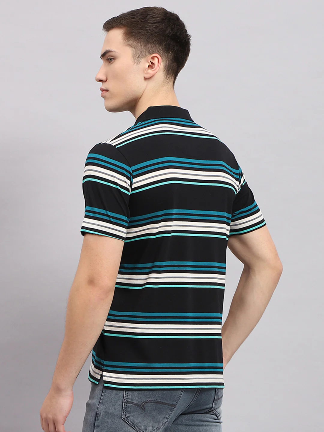 Men Multicolor Stripe Collar Half Sleeve T-Shirt - Image 5
