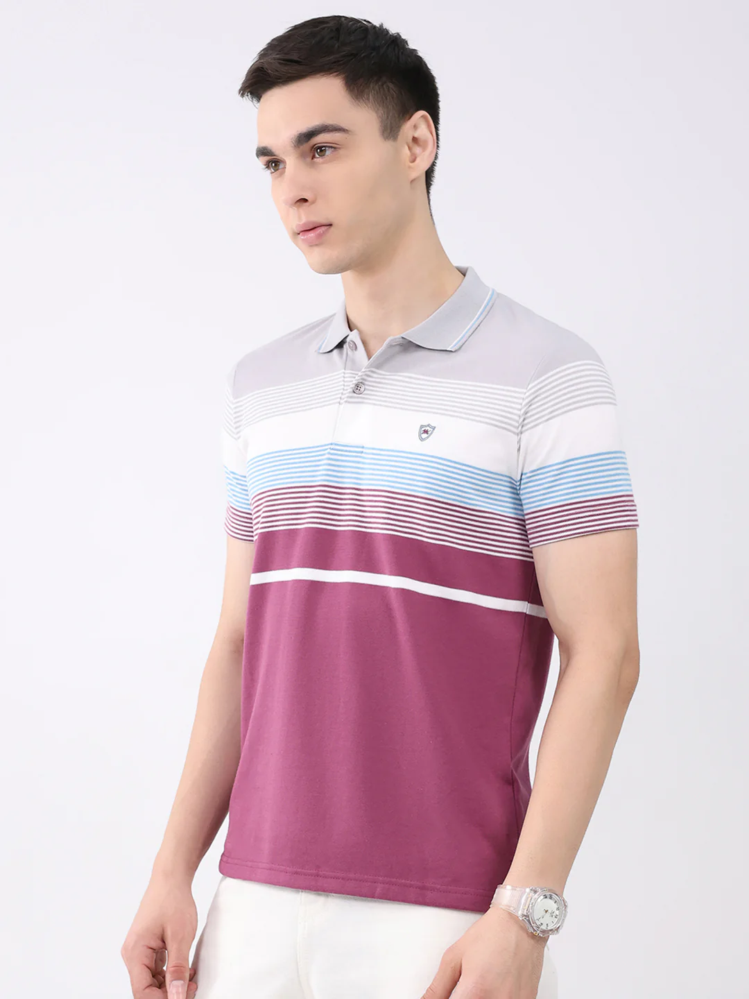Men Multicolor Stripe Collar Half Sleeve T-Shirt - Image 3