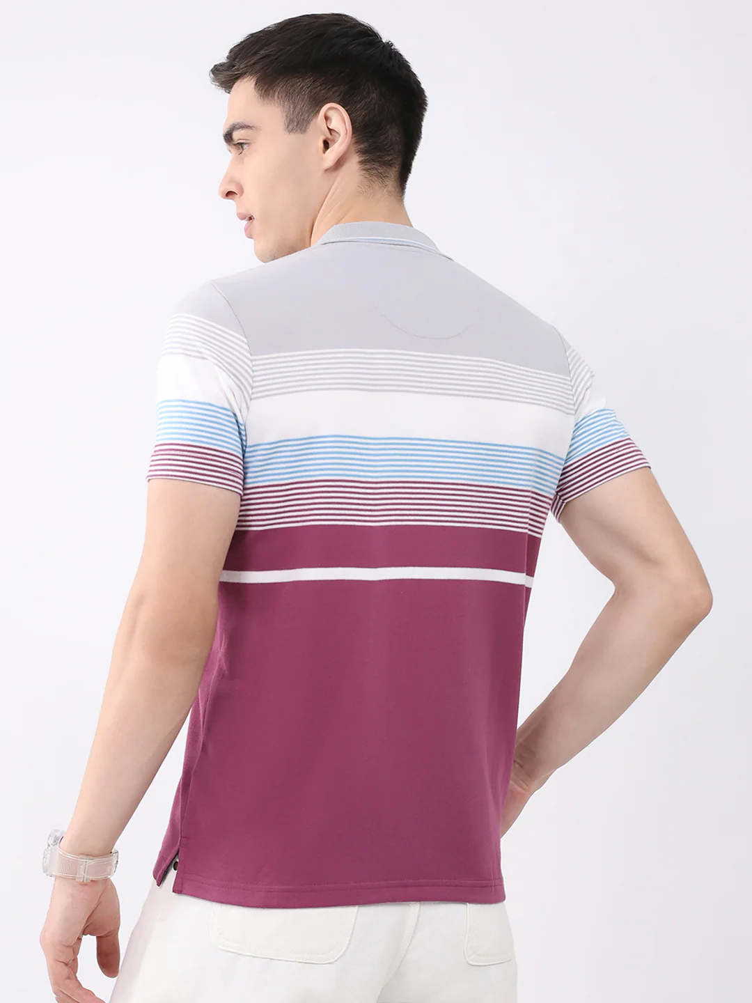 Men Multicolor Stripe Collar Half Sleeve T-Shirt - Image 5