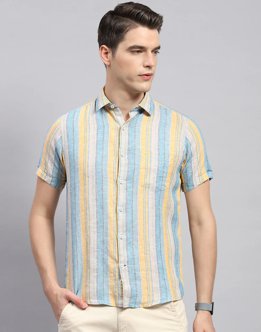 Men Multicolor Stripe Collar Neck Half Sleeve Linen Shirt - Image 3
