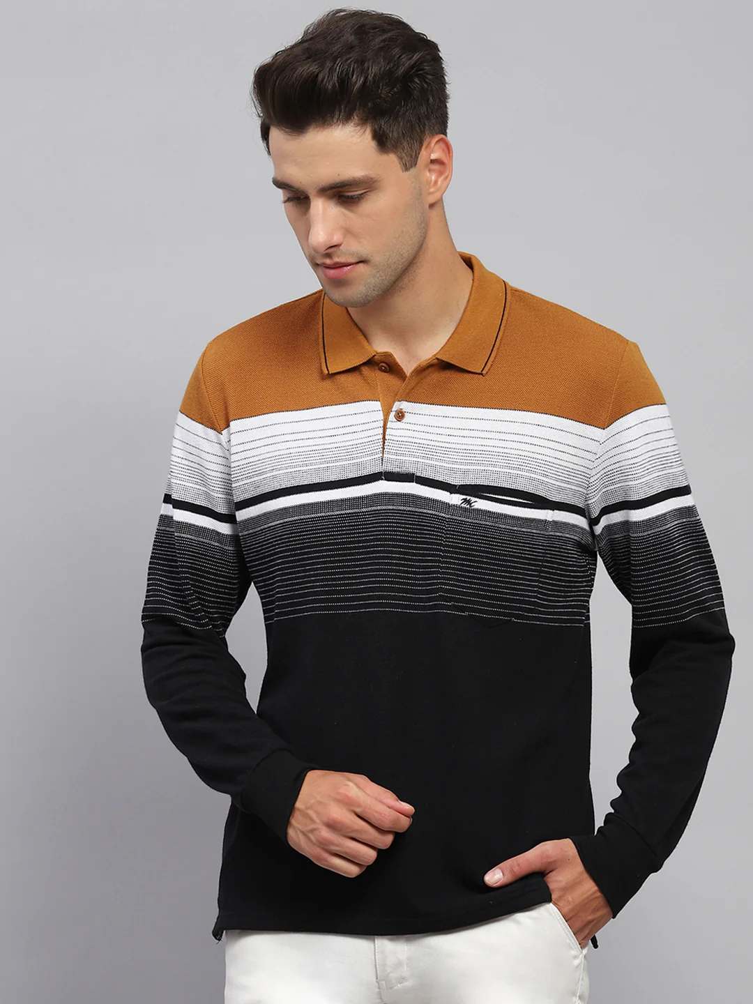 Men Multicolor Stripe Polo Collar Full Sleeve T-Shirt - Image 2
