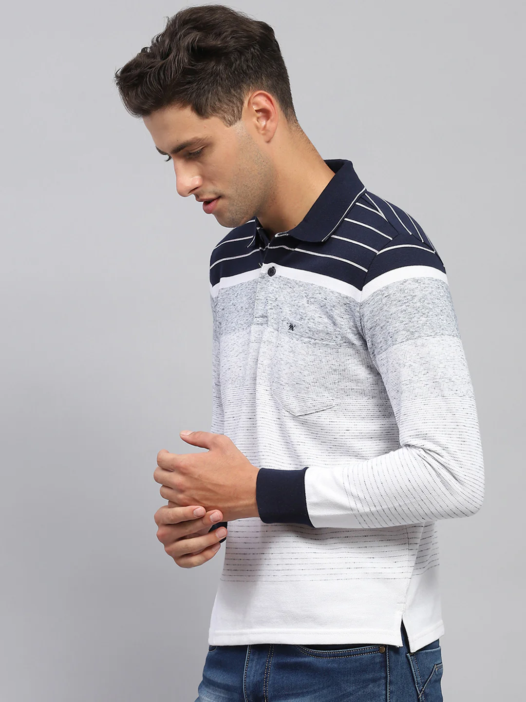 Men Multicolor Stripe Polo Collar Full Sleeve T-Shirt - Image 3