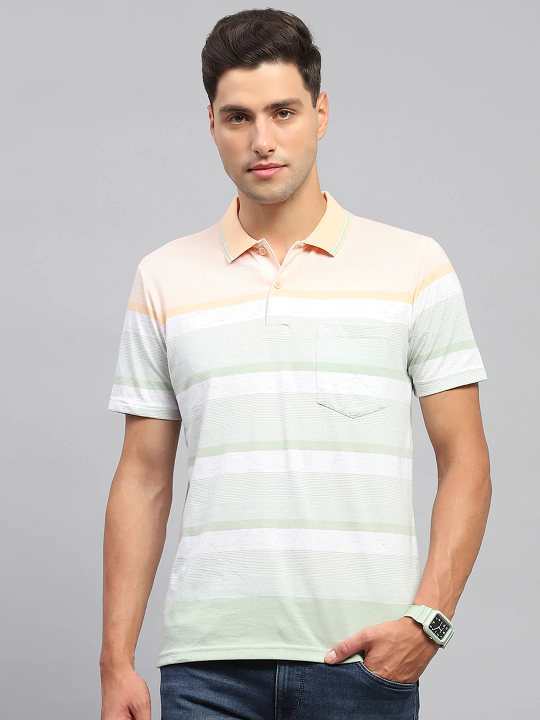 Men Multicolor Stripe Polo Collar Half Sleeve T-Shirt - Image 2