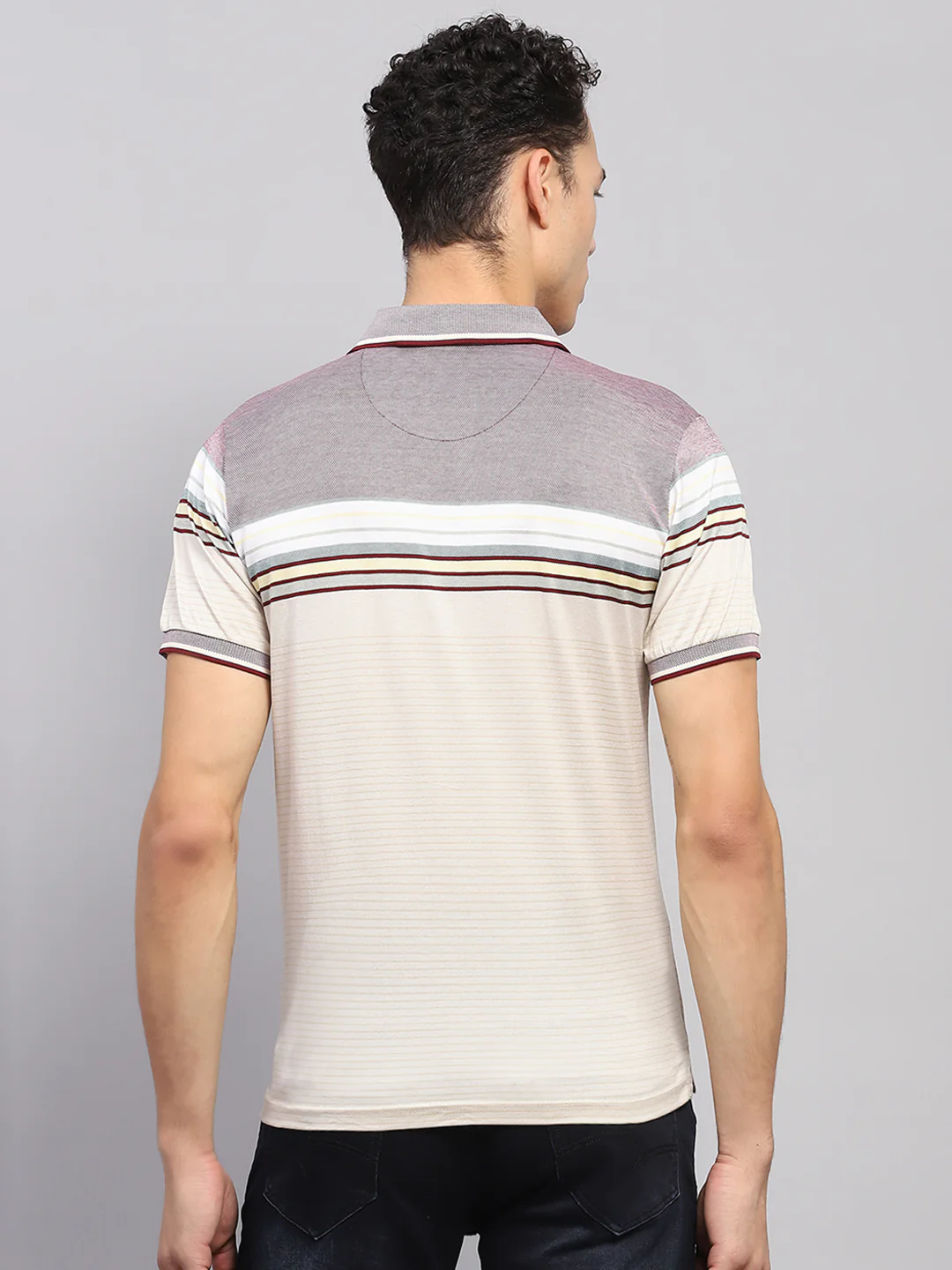 Men Multicolor Stripe Polo Collar Half Sleeve T-Shirt - Image 5