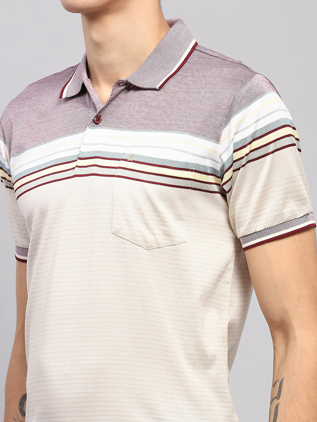 Men Multicolor Stripe Polo Collar Half Sleeve T-Shirt - Image 6