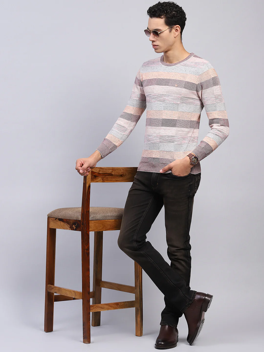 Men Multicolor Stripe Round Neck Full Sleeve Pullover - Image 2