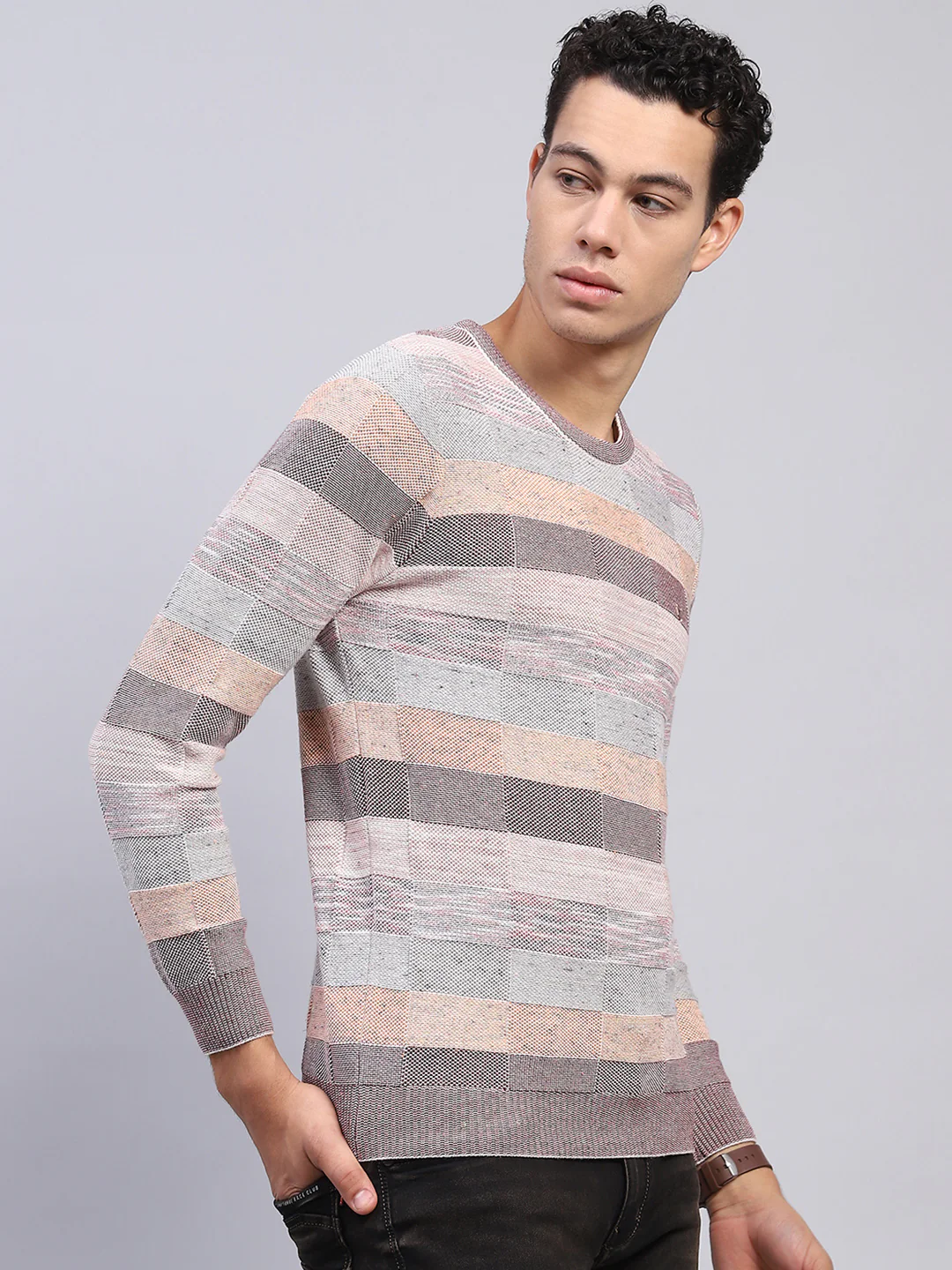 Men Multicolor Stripe Round Neck Full Sleeve Pullover - Image 4