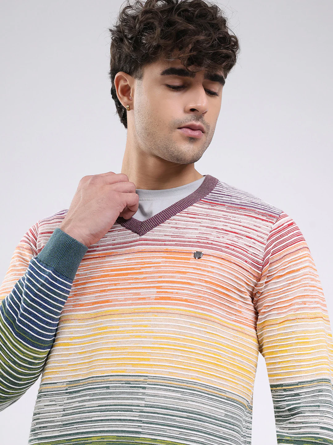 Men Multicolor Stripe V Neck Full Sleeve Pullover - Image 6