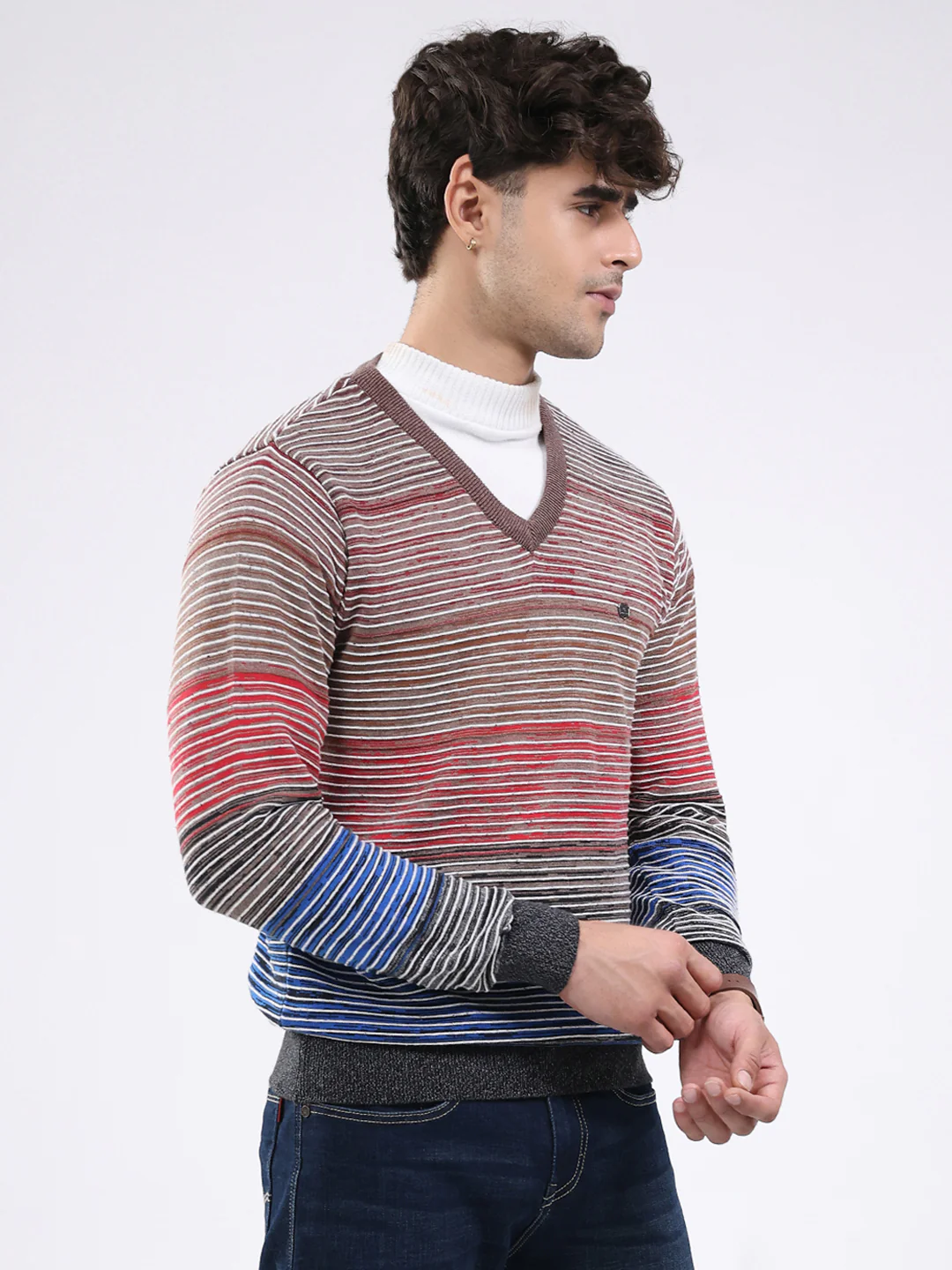 Men Multicolor Stripe V Neck Full Sleeve Pullover - Image 4