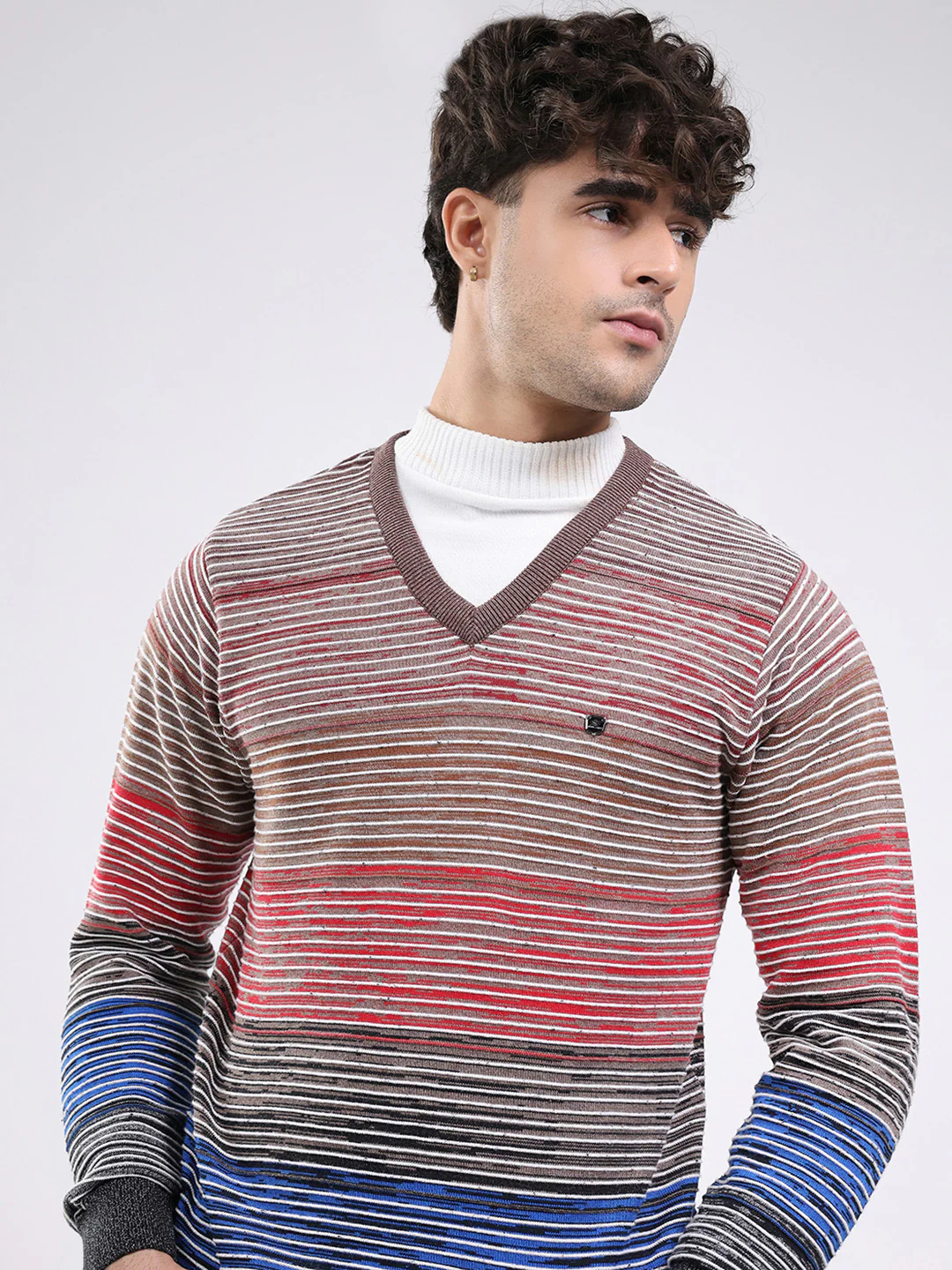 Men Multicolor Stripe V Neck Full Sleeve Pullover - Image 6