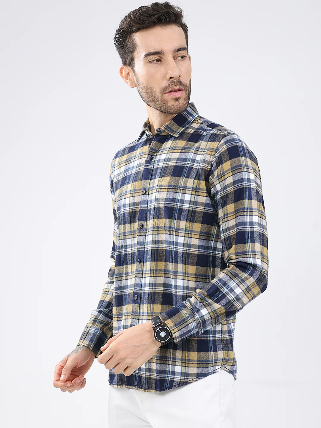 Men Mustard Check Collar Full Sleeve Shirt - Image 3