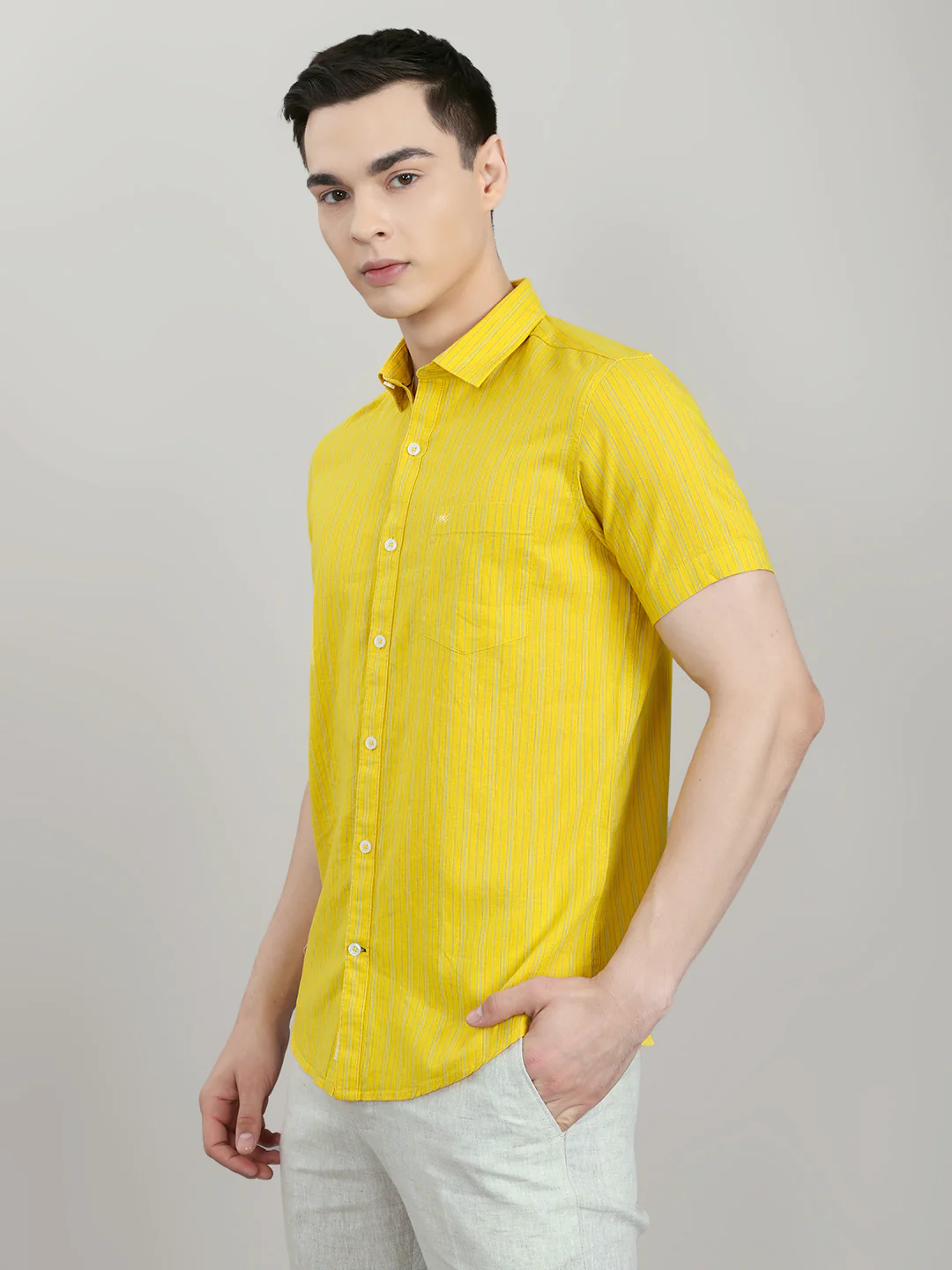 Men Mustard Check Collar Half Sleeve Shirt - Image 2