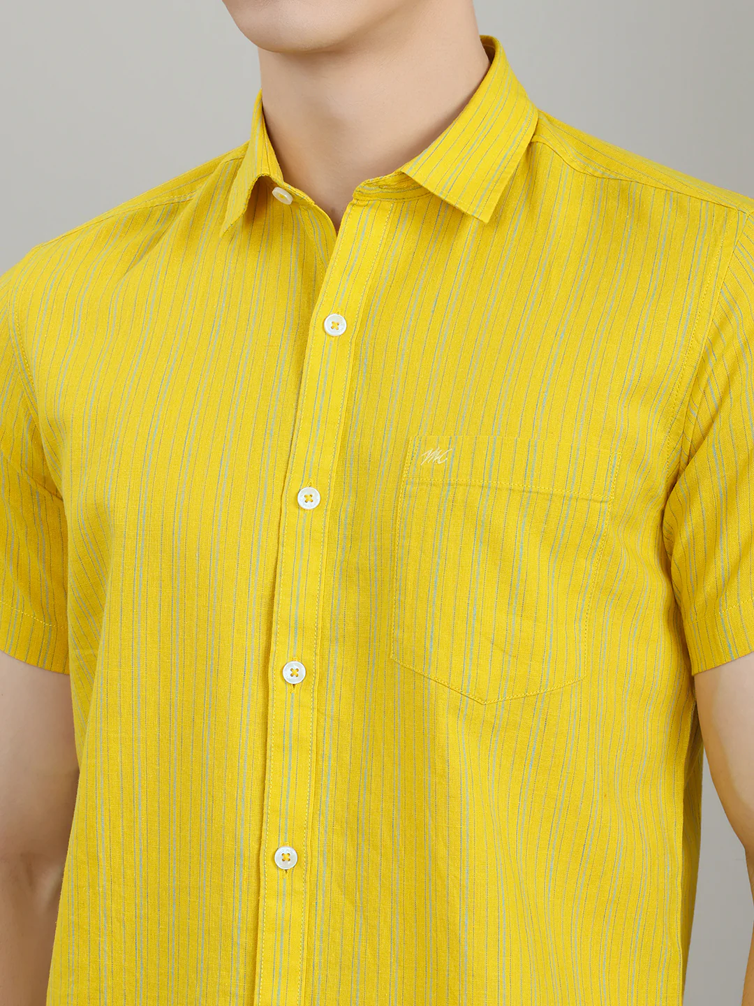 Men Mustard Check Collar Half Sleeve Shirt - Image 4