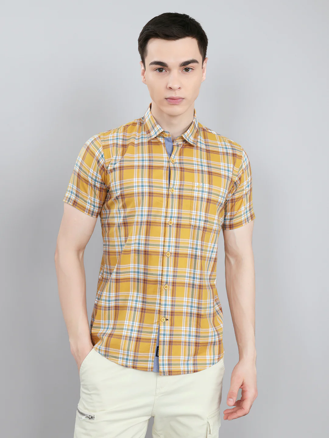 Men Mustard Check Collar Half Sleeve Shirt