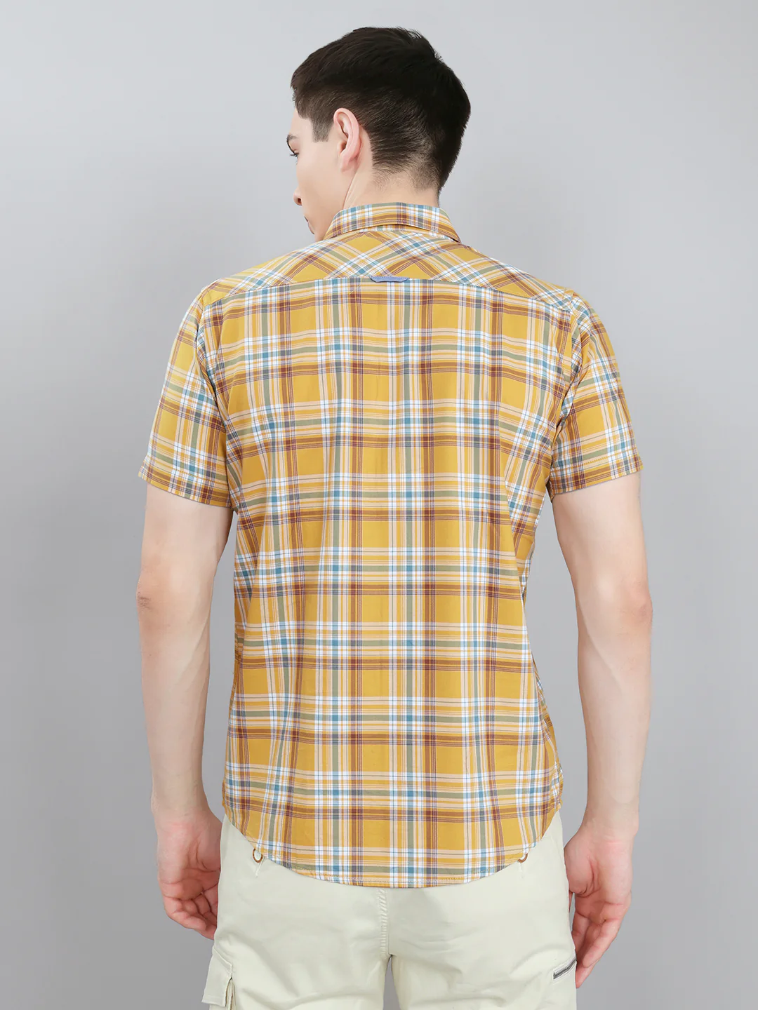 Men Mustard Check Collar Half Sleeve Shirt - Image 4