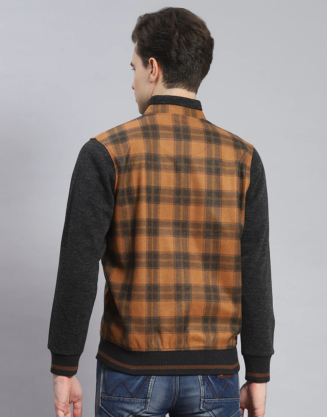 Men Mustard Check Stand Collar Full Sleeve Sweatshirt - Image 5