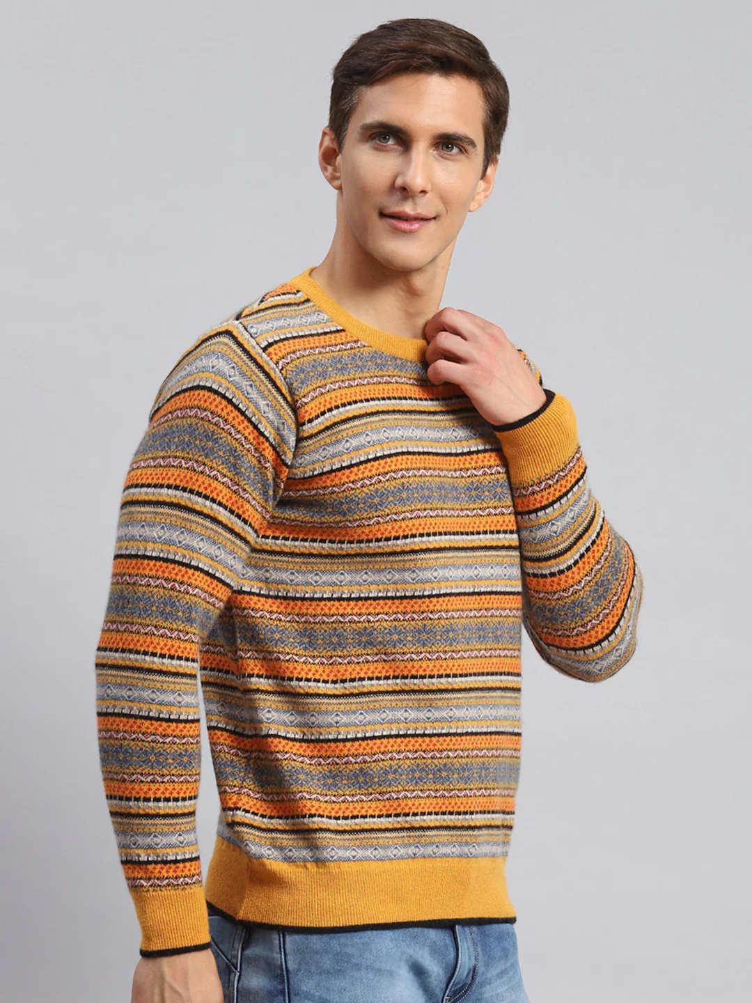 Men Mustard Jaquard Lamb wool Pullover - Image 3
