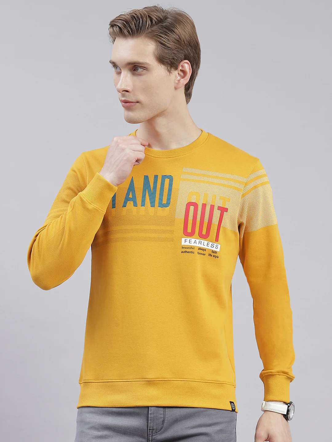 Men Mustard Printed Round Neck Full Sleeve Sweatshirts - Image 2