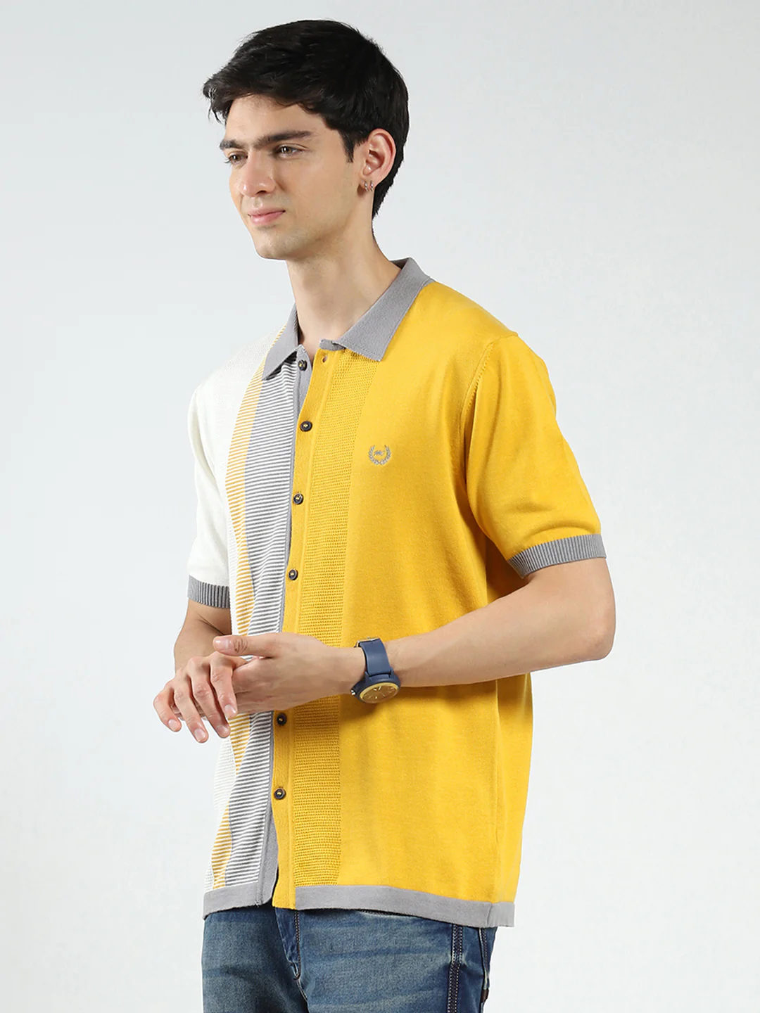 Men Mustard Self Design Collar Half Sleeve T-Shirt - Image 3