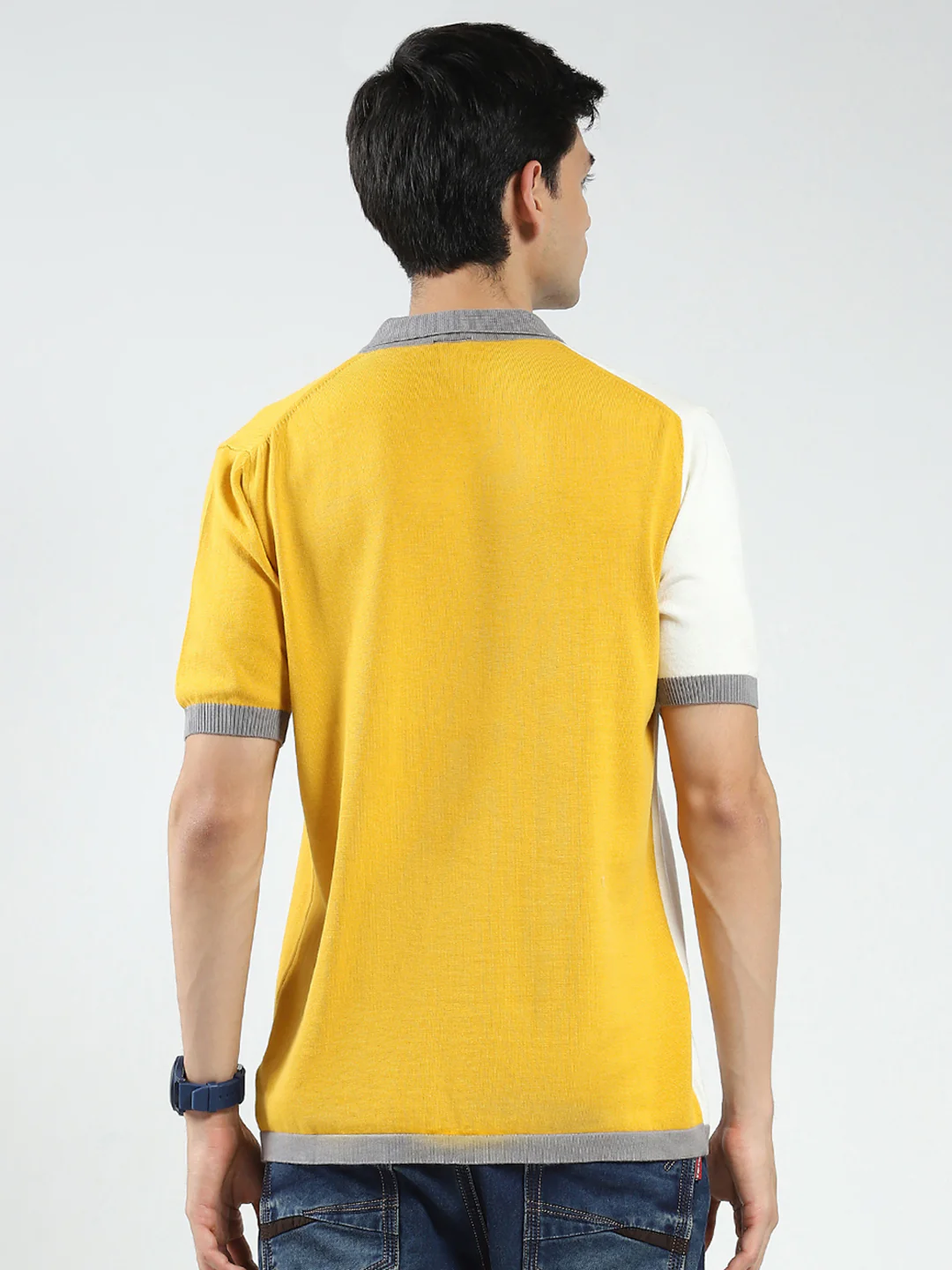 Men Mustard Self Design Collar Half Sleeve T-Shirt - Image 5