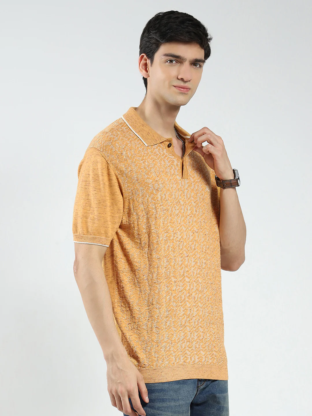 Men Mustard Self Design Collar Half Sleeve T-Shirt - Image 4