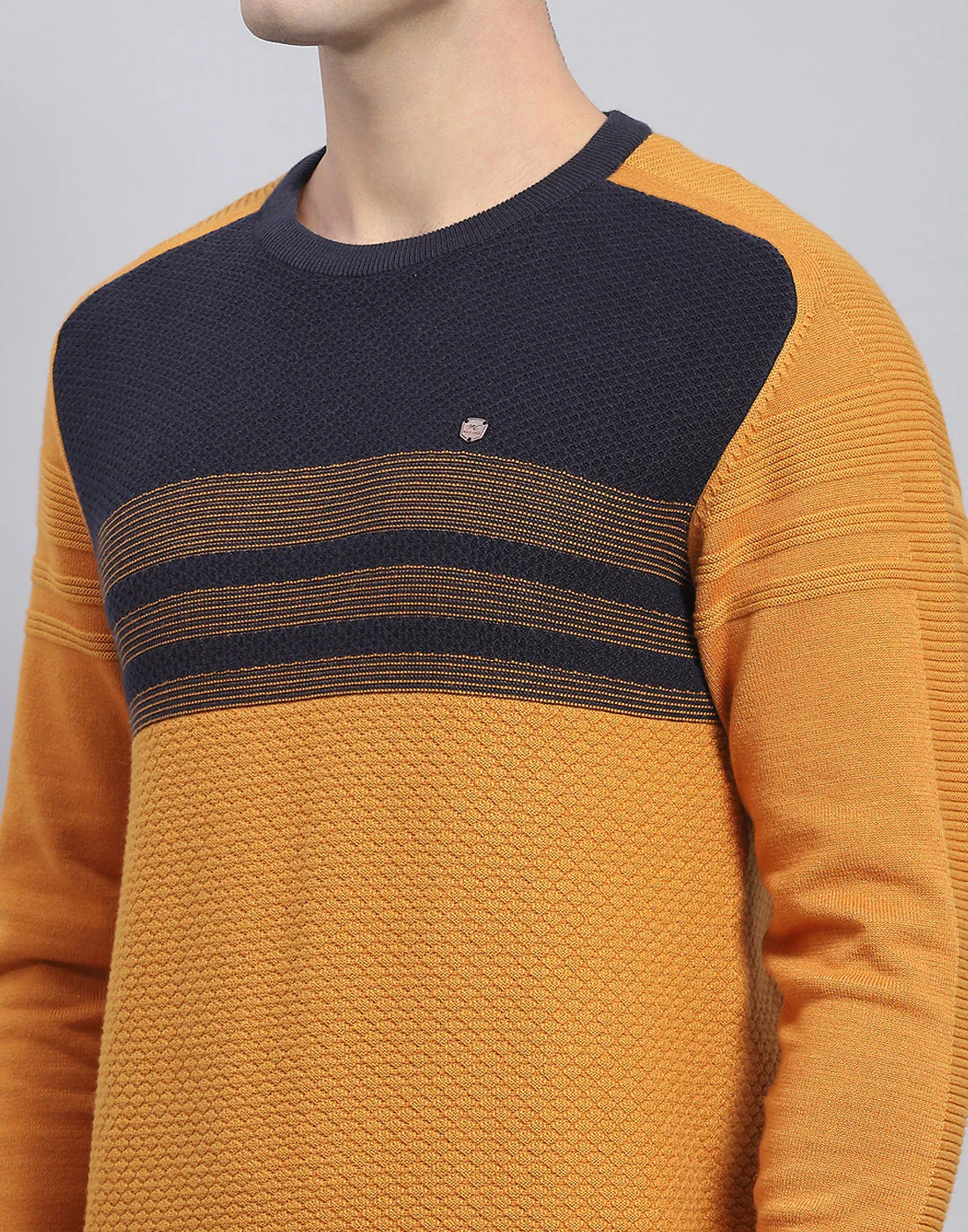 Men Mustard Self Design Round Neck Full Sleeve Pullover - Image 7