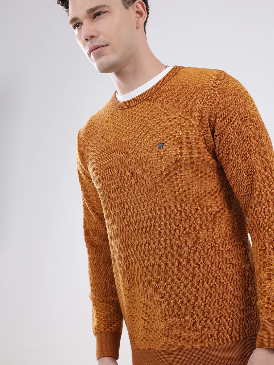 Men Mustard Self Design Round Neck Full Sleeve Pullover - Image 6