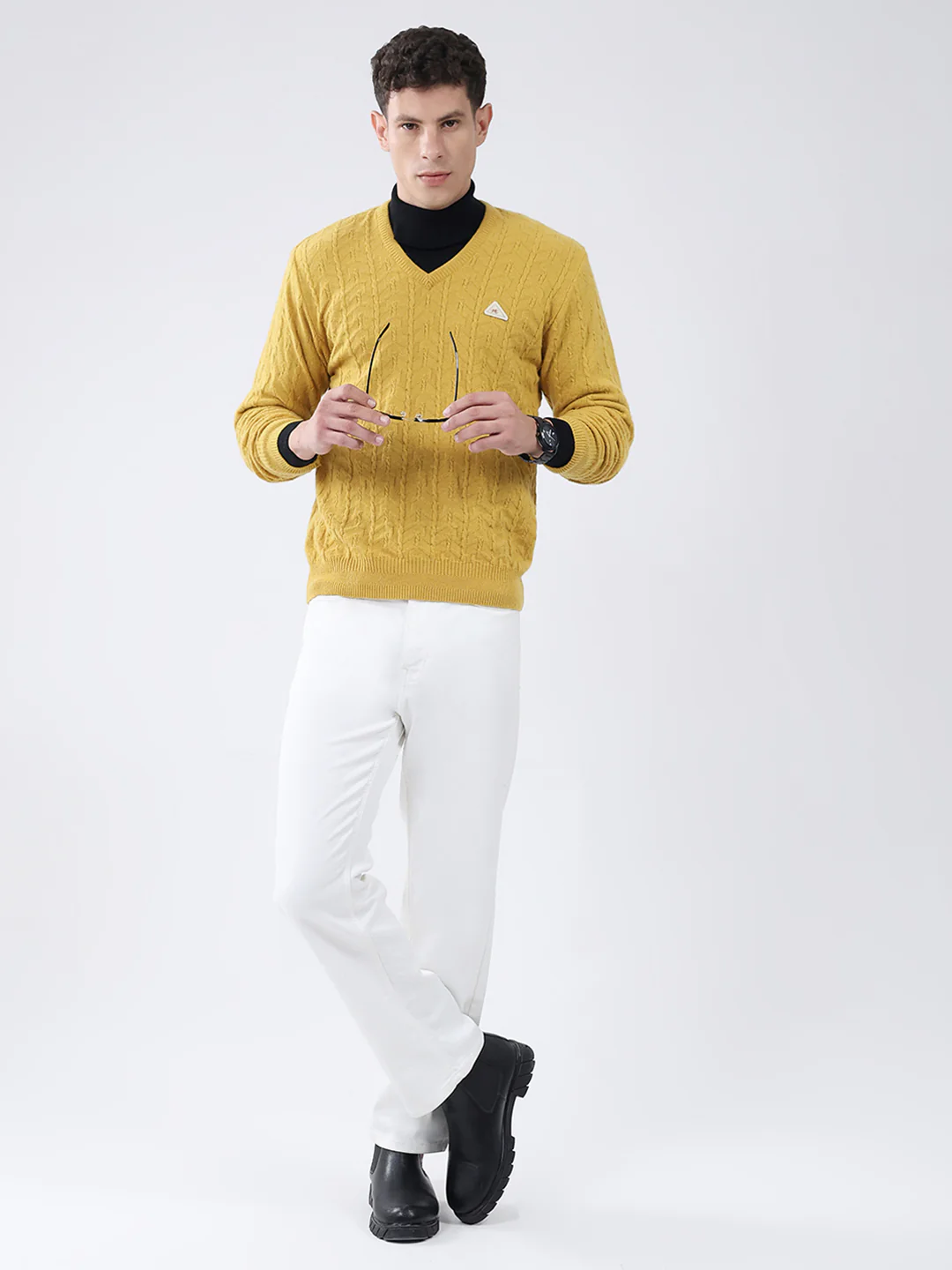 Men Mustard Self Design V Neck Full Sleeve Pullover - Image 2