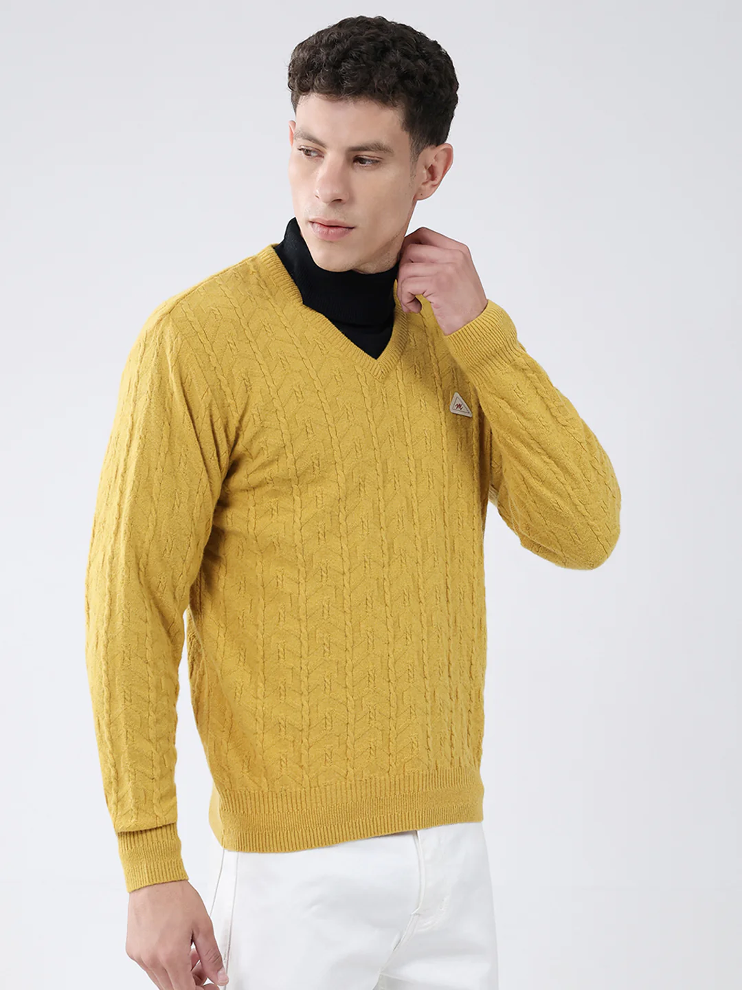 Men Mustard Self Design V Neck Full Sleeve Pullover - Image 4