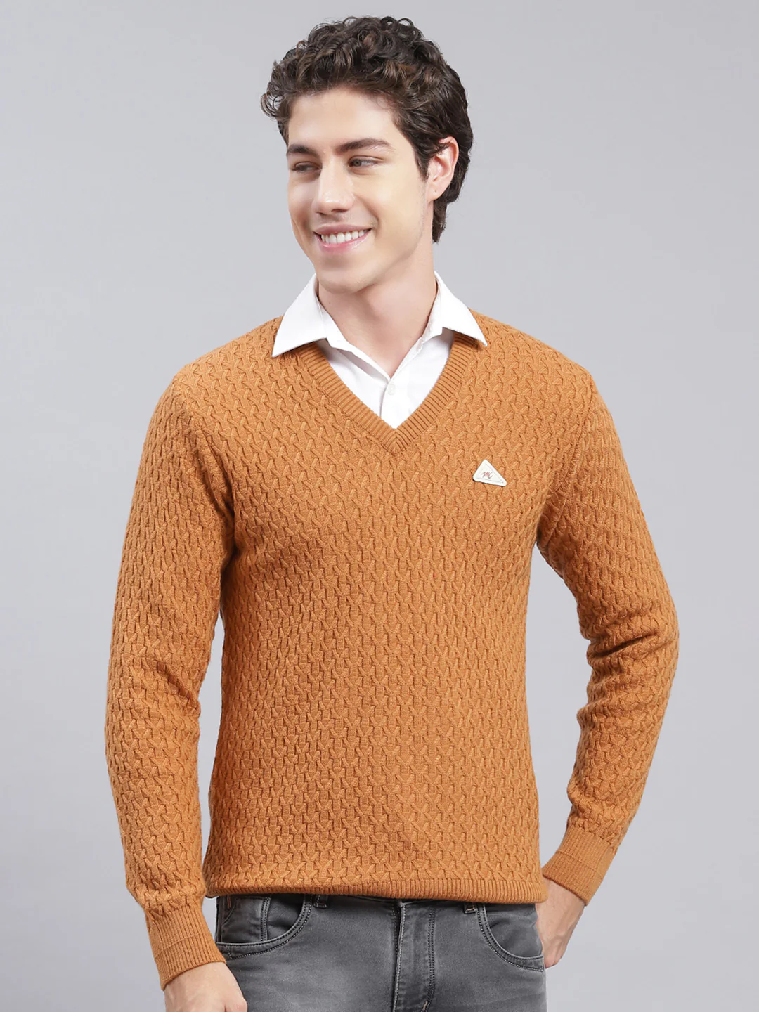 Men Mustard Self Design Wool blend Pullover - Image 2