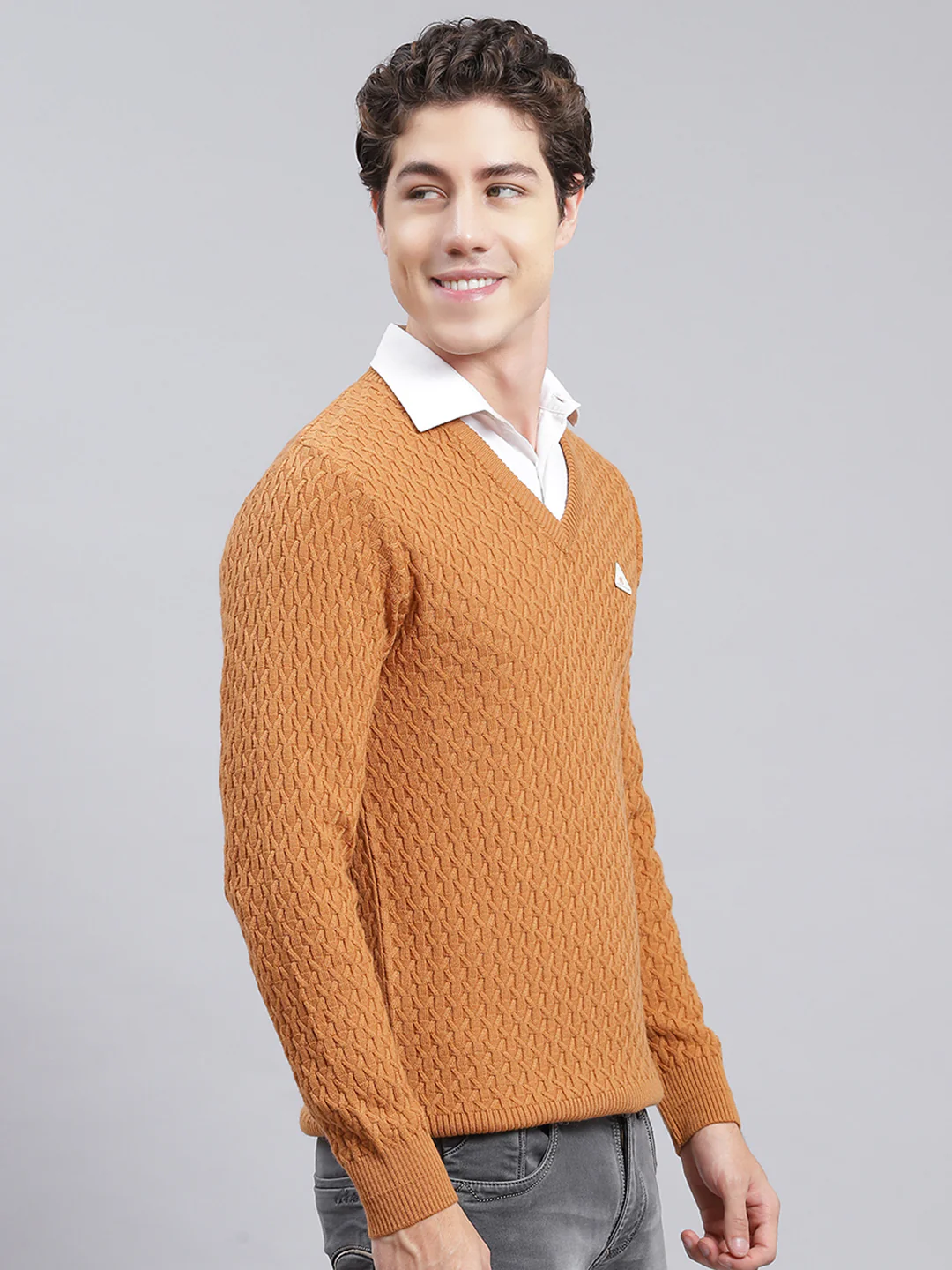 Men Mustard Self Design Wool blend Pullover - Image 3