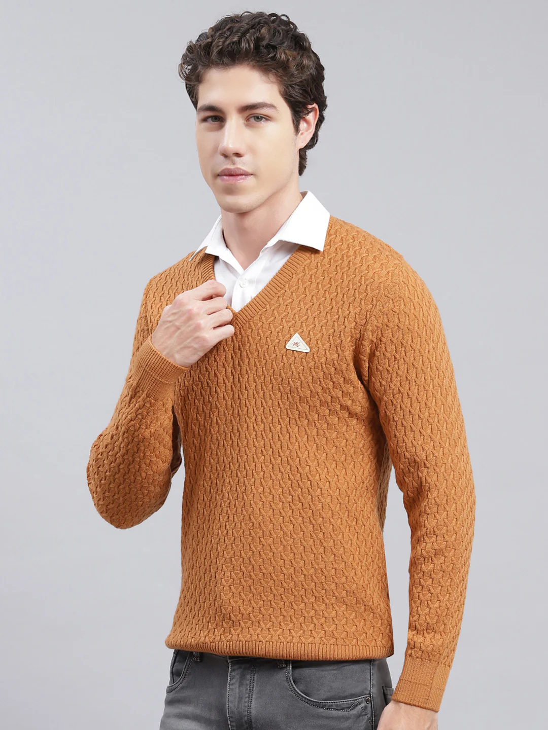 Men Mustard Self Design Wool blend Pullover - Image 4