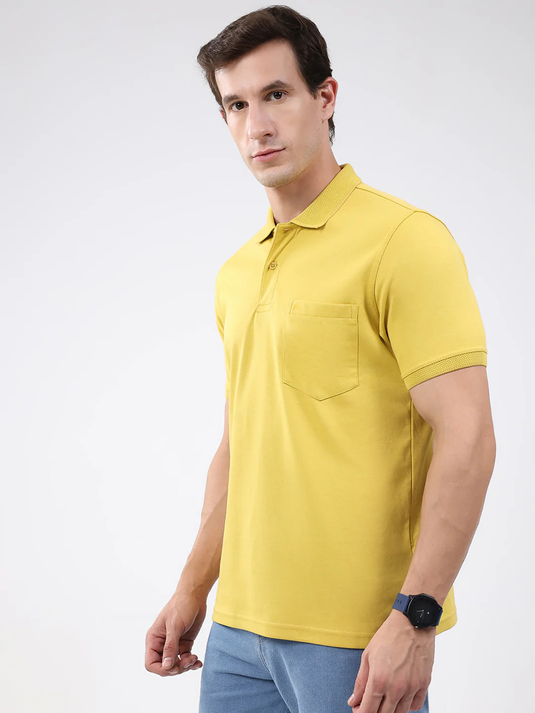 Men Mustard Solid Collar Half Sleeve T-Shirt - Image 3