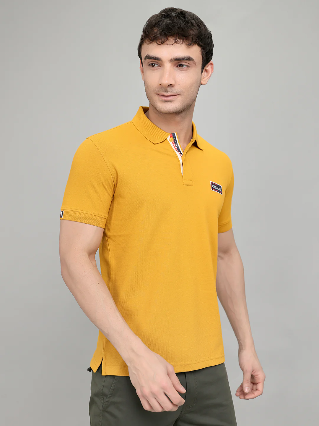Men Mustard Solid Collar Half Sleeve T-Shirt - Image 3