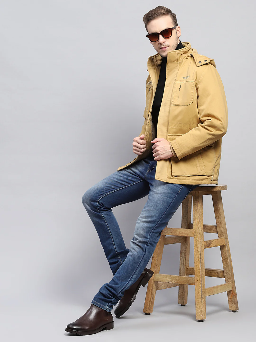 Men Mustard Solid Detachable Hood Full Sleeve Jacket - Image 2