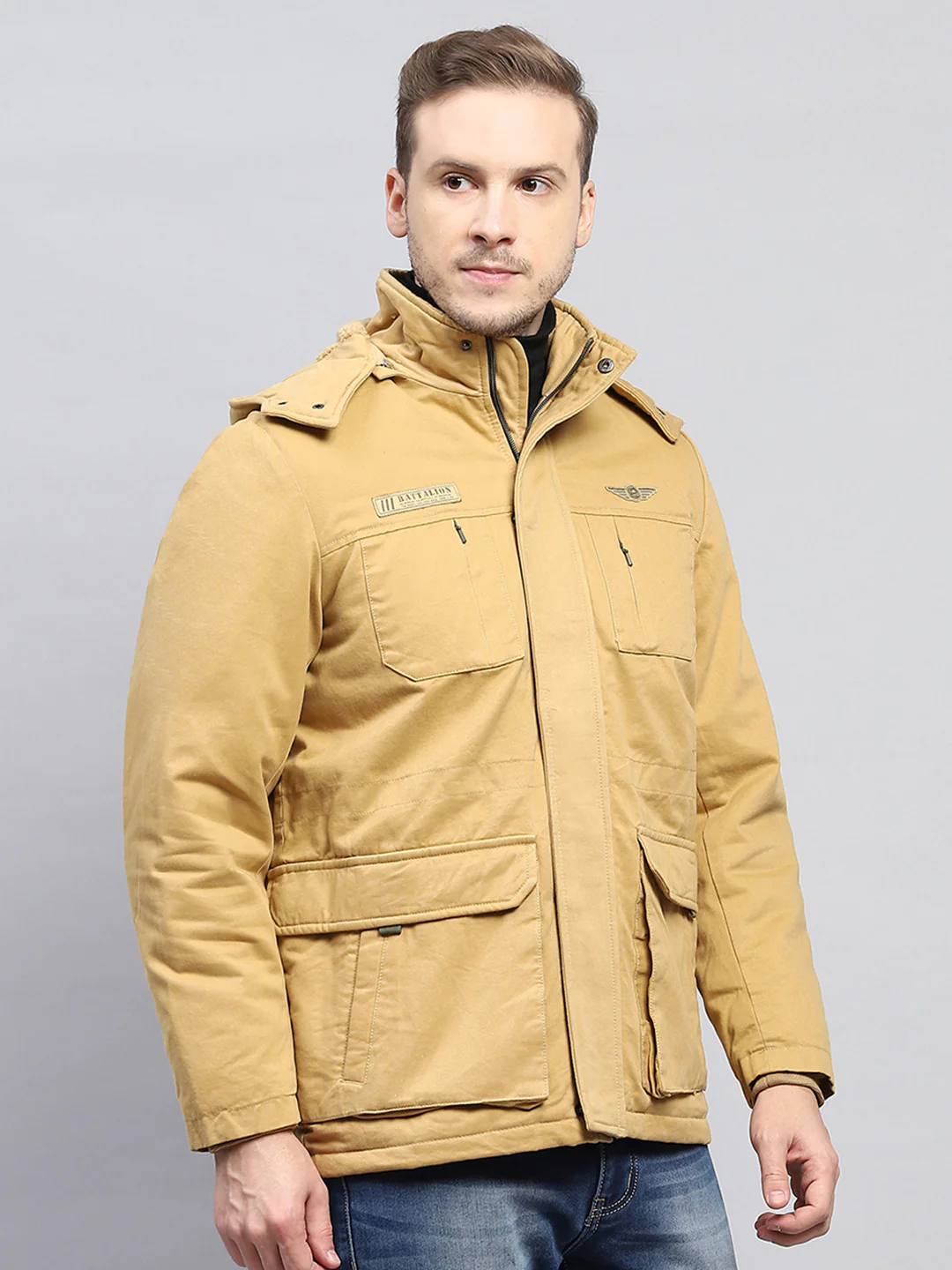 Men Mustard Solid Detachable Hood Full Sleeve Jacket - Image 4