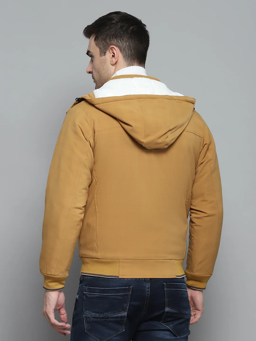 Men Mustard Solid Detachable Hood Full Sleeve Jacket - Image 5