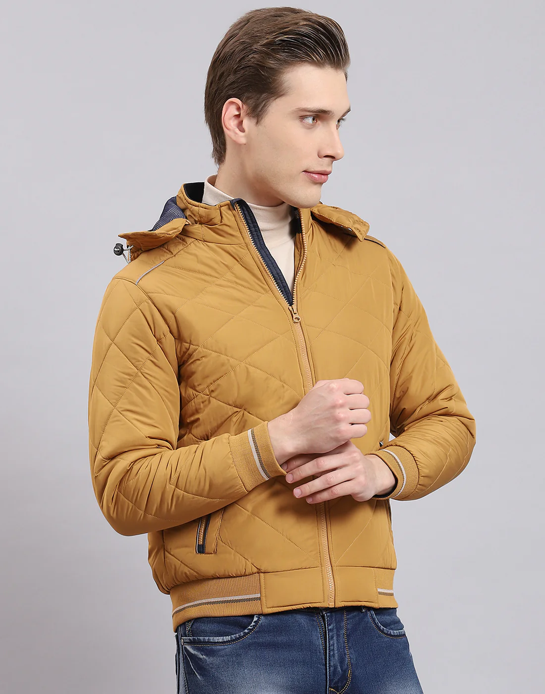 Men Mustard Solid Hooded Full Sleeve Jacket - Image 5
