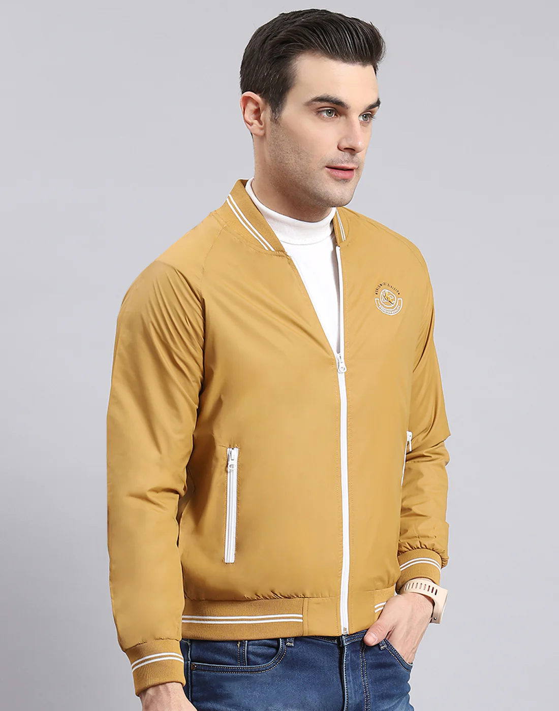 Men Mustard Solid Mandarin Collar Full Sleeve Jacket - Image 6