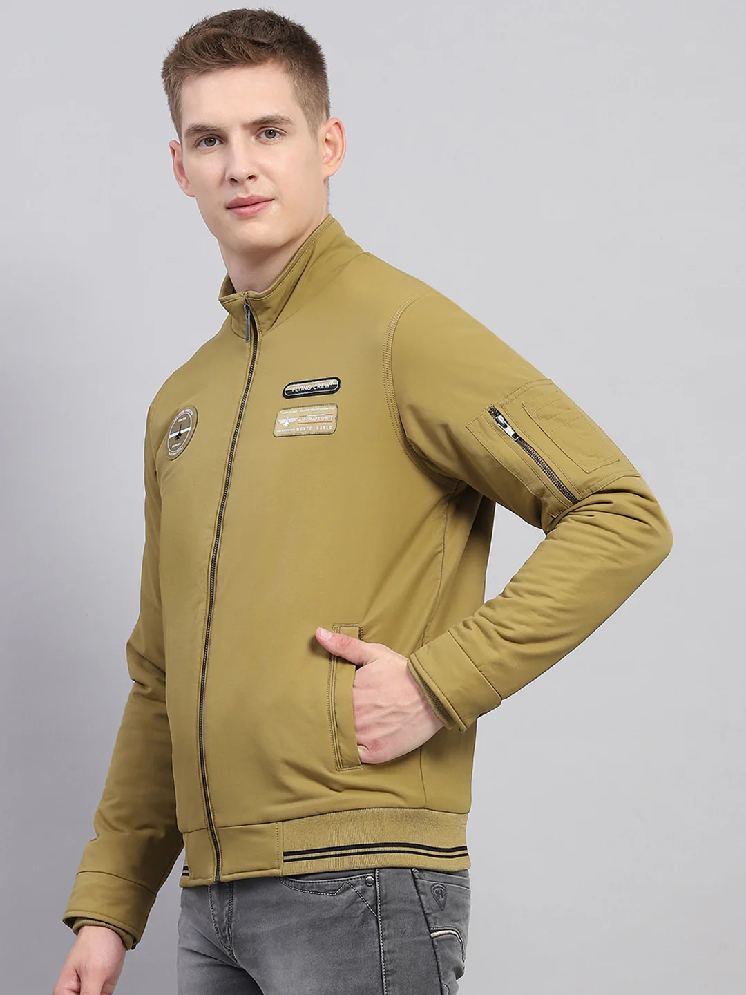 Men Mustard Solid Mock Neck Full Sleeve Jacket - Image 3