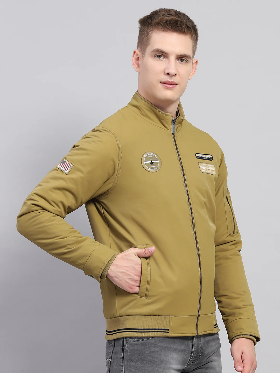 Men Mustard Solid Mock Neck Full Sleeve Jacket - Image 4