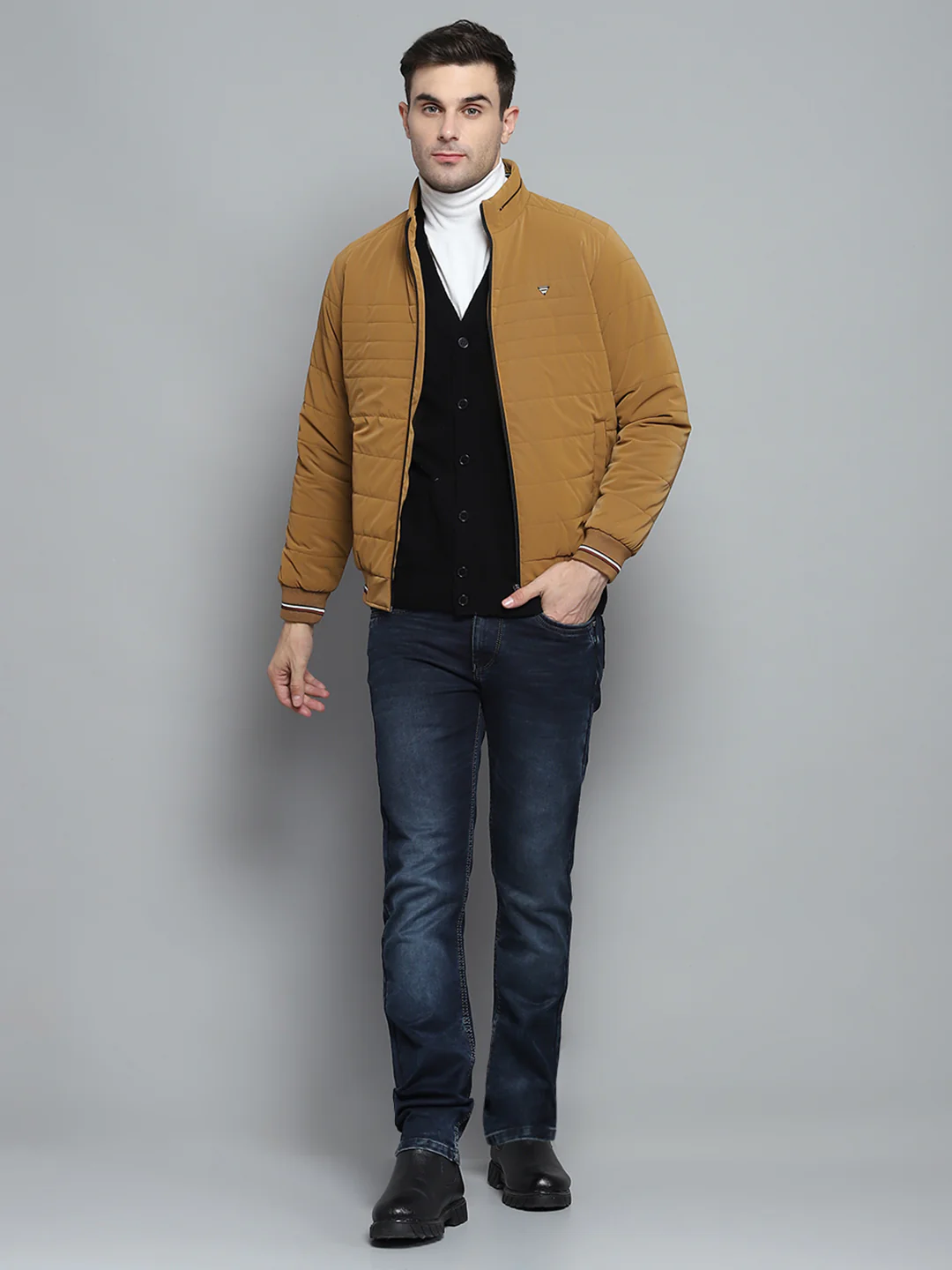 Men Mustard Solid Mock Neck Full Sleeve Jacket - Image 2